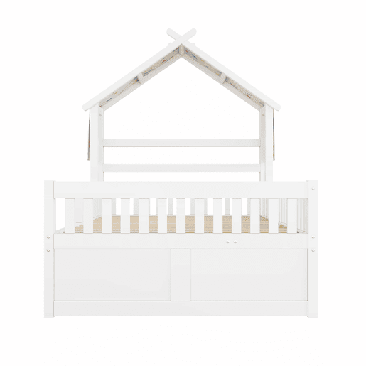 Cama de plataforma em madeira 140x200 cm - em forma de casinha com cama extra, 3 gavetas e grades de segurança - branca