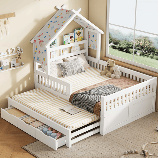 Cama de plataforma em madeira 140x200 cm - em forma de casinha com cama extra, 3 gavetas e grades de segurança - branca
