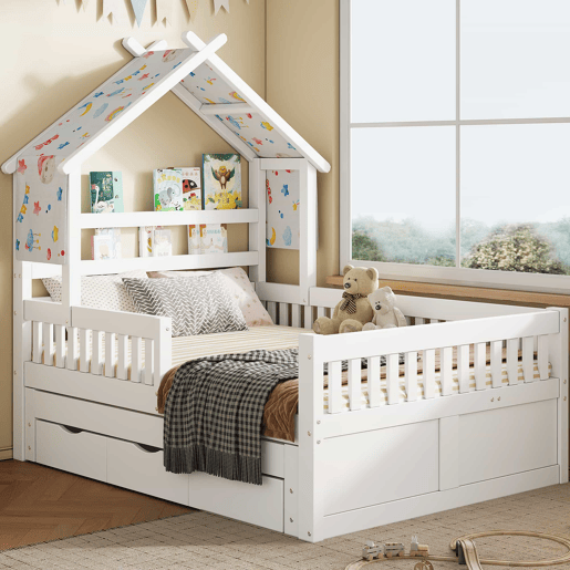 Cama de plataforma em madeira 140x200 cm - em forma de casinha com cama extra, 3 gavetas e grades de segurança - branca