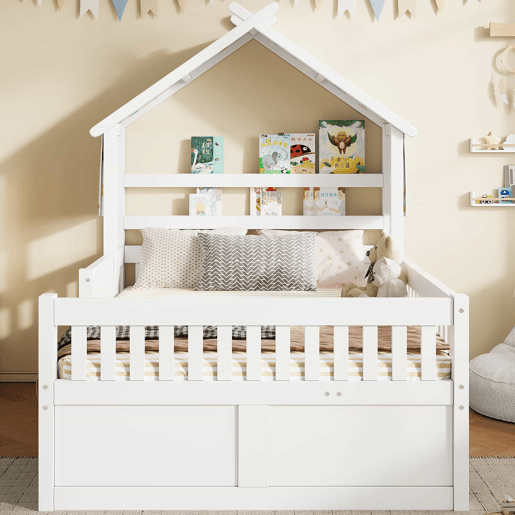 Cama de plataforma em madeira 140x200 cm - em forma de casinha com cama extra, 3 gavetas e grades de segurança - branca
