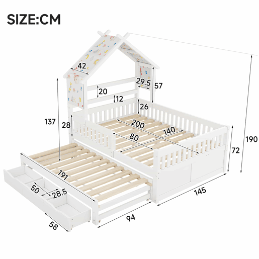 Cama de plataforma em madeira 140x200 cm - em forma de casinha com cama extra, 3 gavetas e grades de segurança - branca