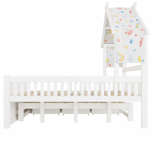 Cama de plataforma em madeira 140x200 cm - em forma de casinha com cama extra, 3 gavetas e grades de segurança - branca