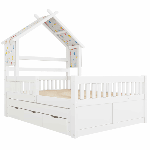 Cama de plataforma em madeira 140x200 cm - em forma de casinha com cama extra, 3 gavetas e grades de segurança - branca