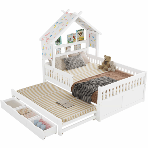 Cama de plataforma em madeira 140x200 cm - em forma de casinha com cama extra, 3 gavetas e grades de segurança - branca