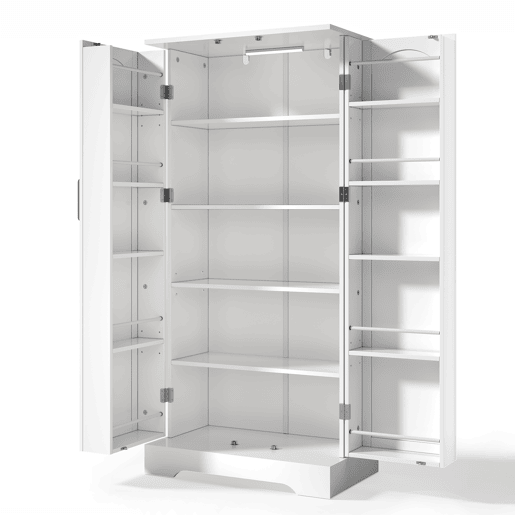 Aparador 60x35x128 cm - Multifuncional com LED, prateleiras ajustáveis, portas com arrumação - Branco