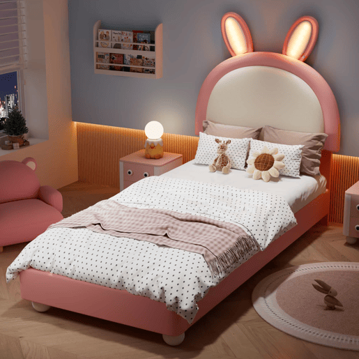 Cama estofada individual 90x200 cm - cabeceira em forma de coelho, faixa de LED, borda de espuma anti-colisão, estrutura estável em PU + contraplacado - rosa e branco