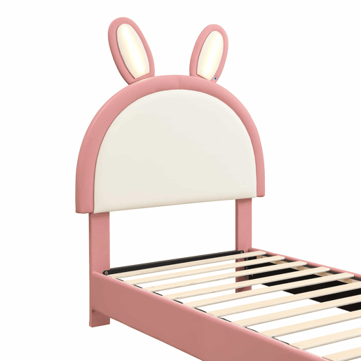 Cama estofada individual 90x200 cm - cabeceira em forma de coelho, faixa de LED, borda de espuma anti-colisão, estrutura estável em PU + contraplacado - rosa e branco