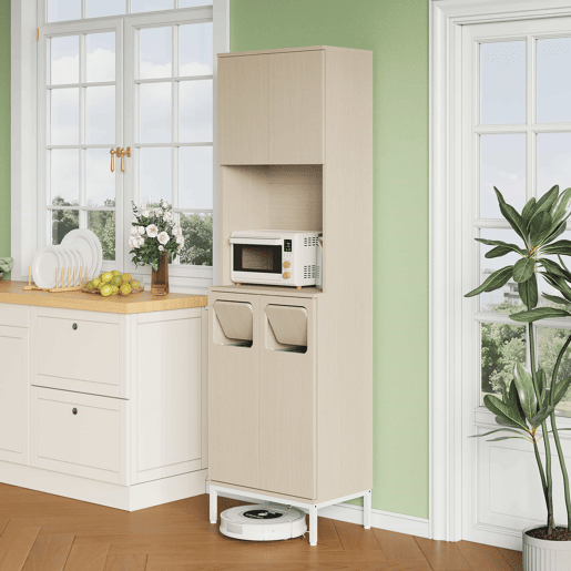 Armário de cozinha para lixo 53 x 35 x 181 cm - com compartimento para resíduos, espaço para micro-ondas e espaço de arrumação ajustável para aspirador - Branco