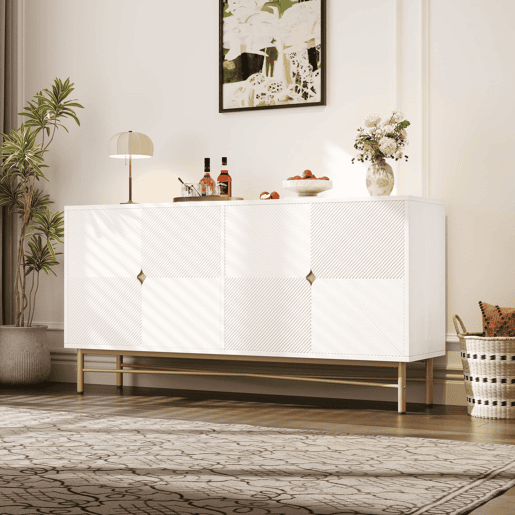 Aparador 160 x 40 x 82 cm - textura em relevo, quatro portas, puxadores dourados escovados, pés com acabamento de alto brilho - branco