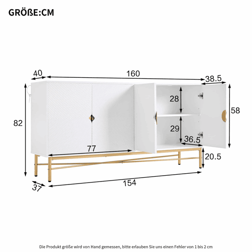 Aparador 160 x 40 x 82 cm - textura em relevo, quatro portas, puxadores dourados escovados, pés com acabamento de alto brilho - branco