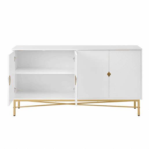 Aparador 160 x 40 x 82 cm - textura em relevo, quatro portas, puxadores dourados escovados, pés com acabamento de alto brilho - branco