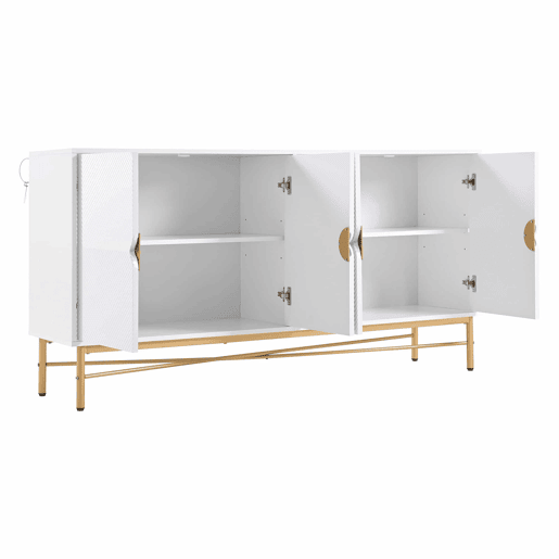 Aparador 160 x 40 x 82 cm - textura em relevo, quatro portas, puxadores dourados escovados, pés com acabamento de alto brilho - branco