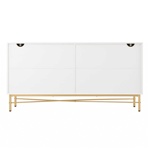 Aparador 160 x 40 x 82 cm - textura em relevo, quatro portas, puxadores dourados escovados, pés com acabamento de alto brilho - branco