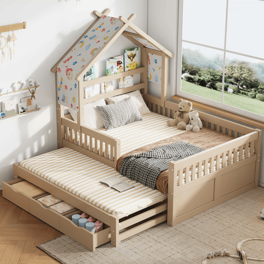 Cama de plataforma em madeira 140x200 cm - em forma de casinha com cama extraível, 3 gavetas e grades de segurança - creme
