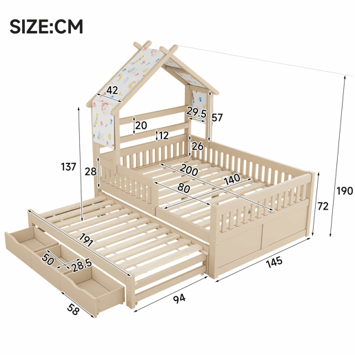 Cama de plataforma em madeira 140x200 cm - em forma de casinha com cama extraível, 3 gavetas e grades de segurança - creme