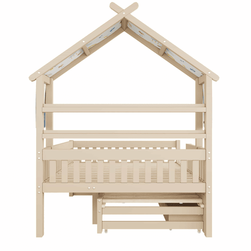 Cama de plataforma em madeira 140x200 cm - em forma de casinha com cama extraível, 3 gavetas e grades de segurança - creme