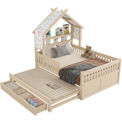 Cama de plataforma em madeira 140x200 cm - em forma de casinha com cama extraível, 3 gavetas e grades de segurança - creme