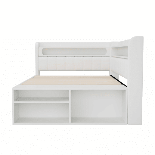Sofá-cama estofado 90 x 200 cm - porta USB, iluminação LED, sapateira integrada, duas gavetas - branco