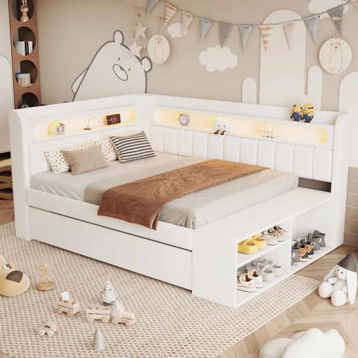 Sofá-cama estofado 90 x 200 cm - porta USB, iluminação LED, sapateira integrada, duas gavetas - branco