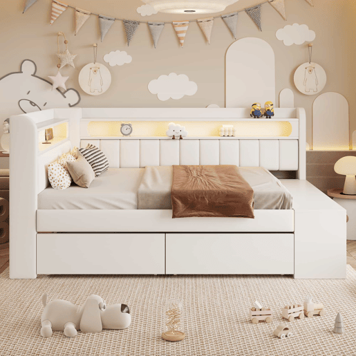 Sofá-cama estofado 90 x 200 cm - porta USB, iluminação LED, sapateira integrada, duas gavetas - branco