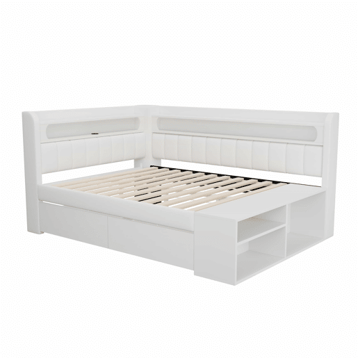 Sofá-cama estofado 90 x 200 cm - porta USB, iluminação LED, sapateira integrada, duas gavetas - branco