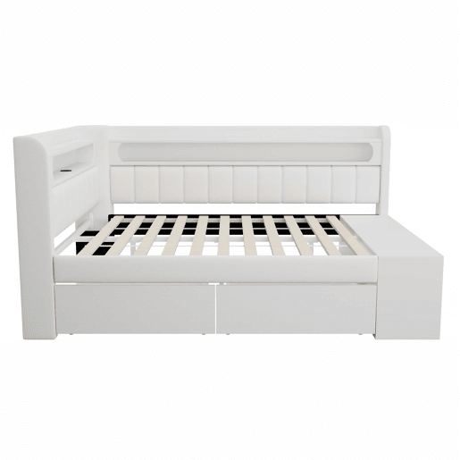 Sofá-cama estofado 90 x 200 cm - porta USB, iluminação LED, sapateira integrada, duas gavetas - branco