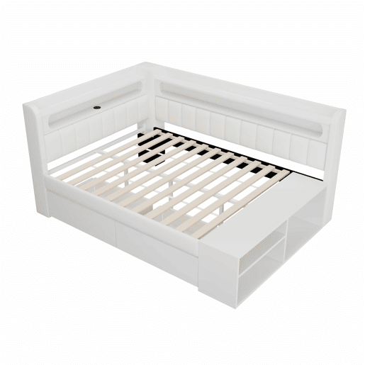 Sofá-cama estofado 90 x 200 cm - porta USB, iluminação LED, sapateira integrada, duas gavetas - branco