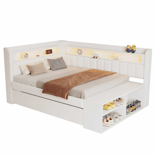 Sofá-cama estofado 90 x 200 cm - porta USB, iluminação LED, sapateira integrada, duas gavetas - branco
