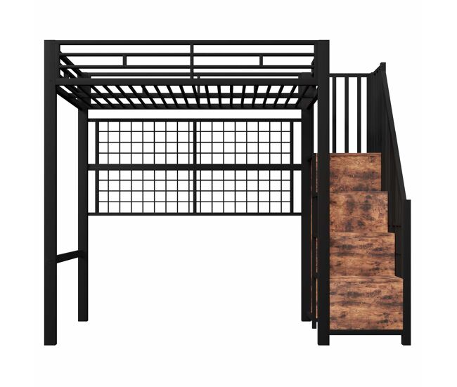Cama alta 90 x 200 cm - estructura de hierro, armario, escalera con almacenamiento, rejilla para colgar objetos, espacio libre inferior, luces led de