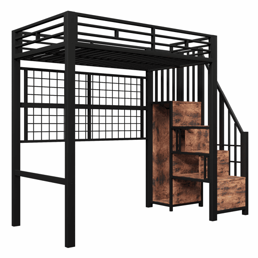 Cama alta 90 x 200 cm - estrutura em ferro, armário, escada com espaço de arrumação, grelha para pendurar objetos, espaço livre na parte inferior, luzes LED de 7 cores, sem colchão - preto