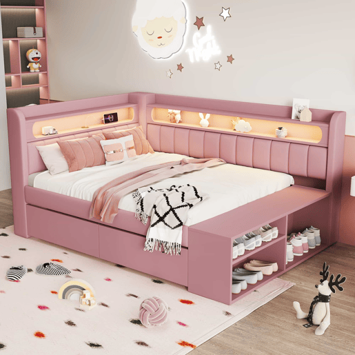 Sofá-cama estofado 90 x 200 cm - porta USB, faixa de luz LED, sapateira incluída, duas gavetas - rosa