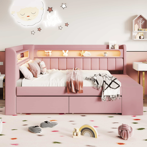 Sofá-cama estofado 90 x 200 cm - porta USB, faixa de luz LED, sapateira incluída, duas gavetas - rosa