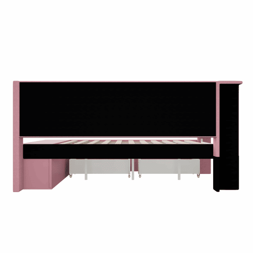 Sofá-cama estofado 90 x 200 cm - porta USB, faixa de luz LED, sapateira incluída, duas gavetas - rosa