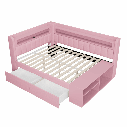 Sofá-cama estofado 90 x 200 cm - porta USB, faixa de luz LED, sapateira incluída, duas gavetas - rosa