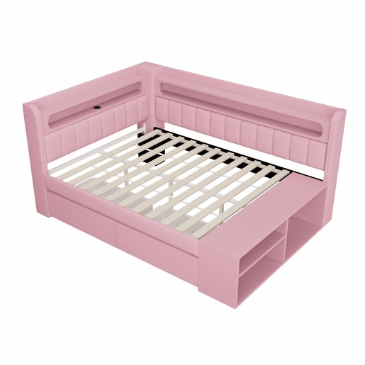 Sofá-cama estofado 90 x 200 cm - porta USB, faixa de luz LED, sapateira incluída, duas gavetas - rosa