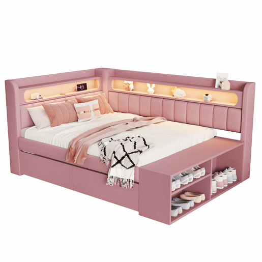 Sofá-cama estofado 90 x 200 cm - porta USB, faixa de luz LED, sapateira incluída, duas gavetas - rosa
