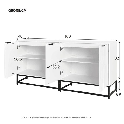 Aparador 160x40x80 cm - 2 portas, metal, pernas com estrutura - Branco