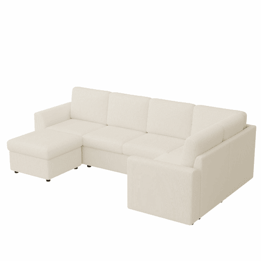 Sofá de canto em L 282 x 153 x 85 cm - sofá moderno em veludo com braços, banquinho multifuncional móvel, montagem fácil, espuma de alta densidade, 6 lugares - bege