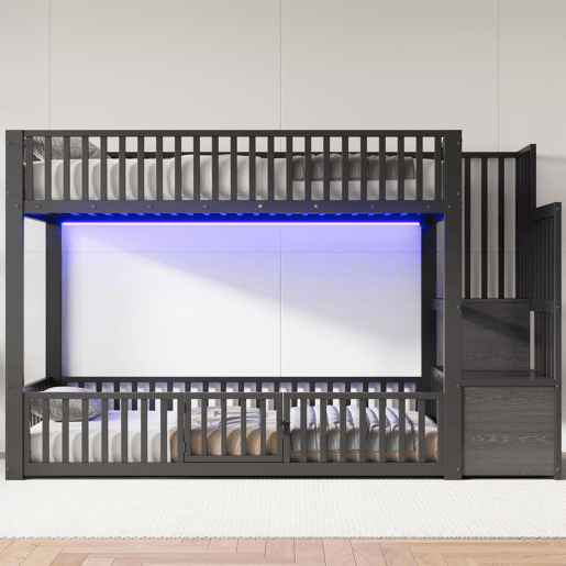 Beliche 90 x 200 cm u2013 com escada com espaço de arrumação e LED u2013 preto