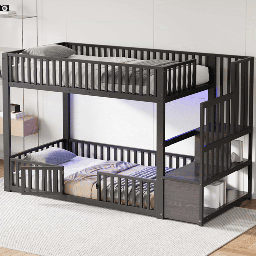 Beliche 90 x 200 cm u2013 com escada com espaço de arrumação e LED u2013 preto