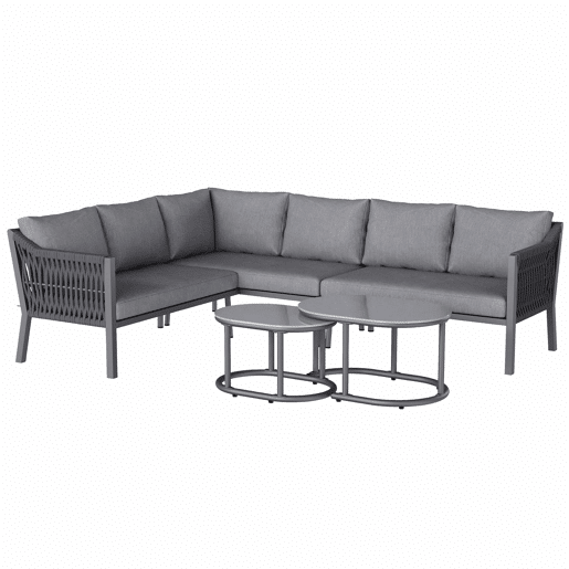 Conjunto de jantar de jardim para 6 pessoas - disposição em canto, ferro galvanizado, tampo de mesa em vidro, corda trançada à mão, inclui sofá e duas mesas de centro - cinzento
