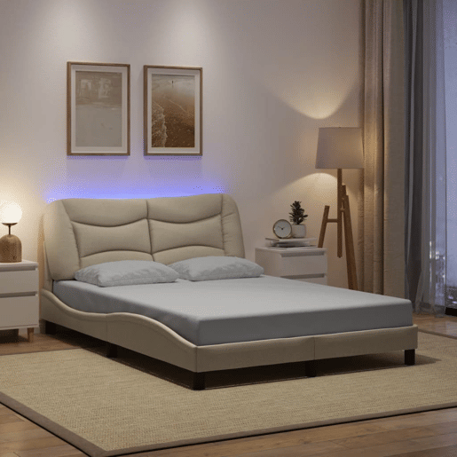 Estrutura de Cama de casal moderno com LED - 120x200 cm tecido creme