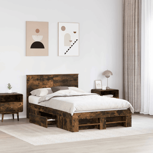 Estrutura de cama de casal com cabeceira - Carvalho Defumado 120 x 200 cm