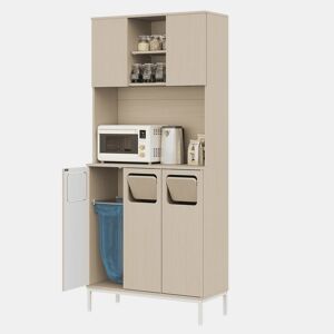 Armário para lixo 80 x 35 x 181 cm - 3 portas, compartimento para resíduos, espaço para micro-ondas, espaço para aspirador, acabamento em madeira clara e branco - Branco