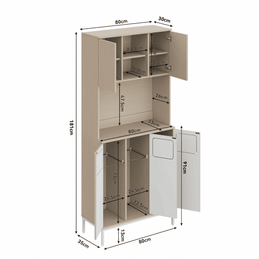 Armário para lixo 80 x 35 x 181 cm - 3 portas, compartimento para resíduos, espaço para micro-ondas, espaço para aspirador, acabamento em madeira clara e branco - Branco