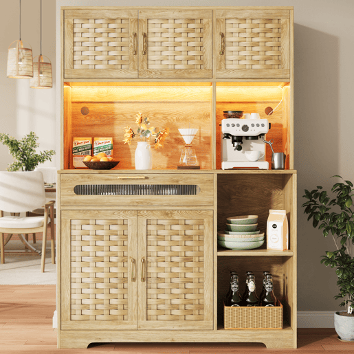 Aparador 120x40x180 cm - Com portas em MDF tecido, com iluminação LED - Natural