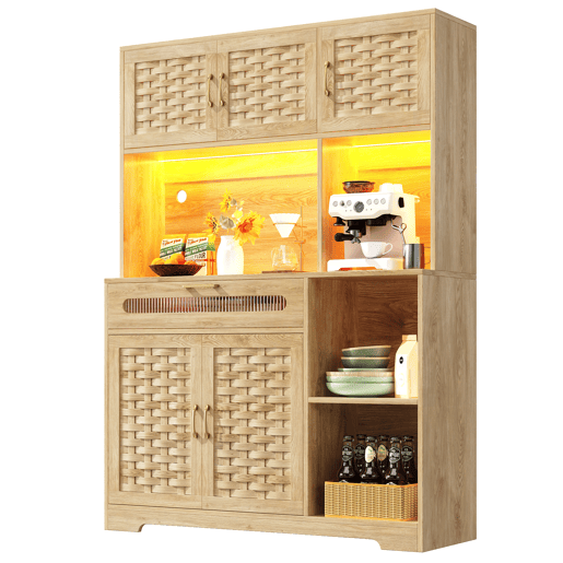 Aparador 120x40x180 cm - Com portas em MDF tecido, com iluminação LED - Natural
