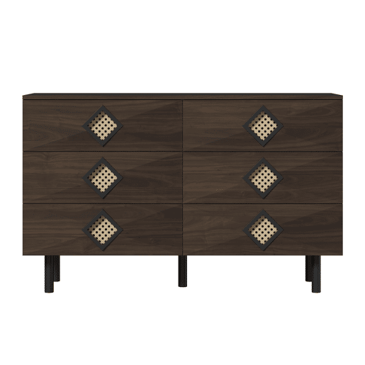 Tocador elegante com 6 gavetas - Puxadores de rattan, ideal para quarto e sala - Nogueira
