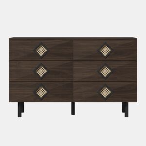 Tocador elegante com 6 gavetas - Puxadores de rattan, ideal para quarto e sala - Nogueira