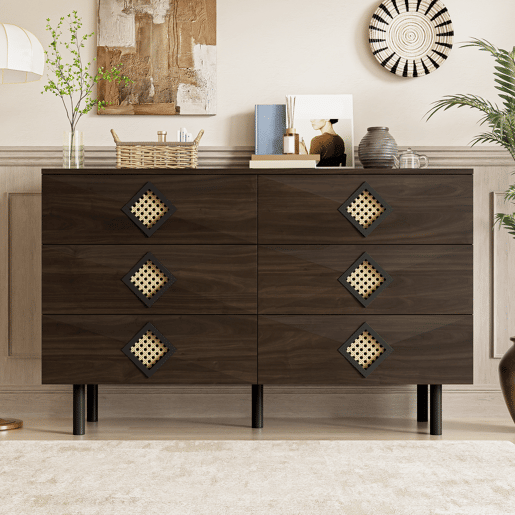 Tocador elegante com 6 gavetas - Puxadores de rattan, ideal para quarto e sala - Nogueira